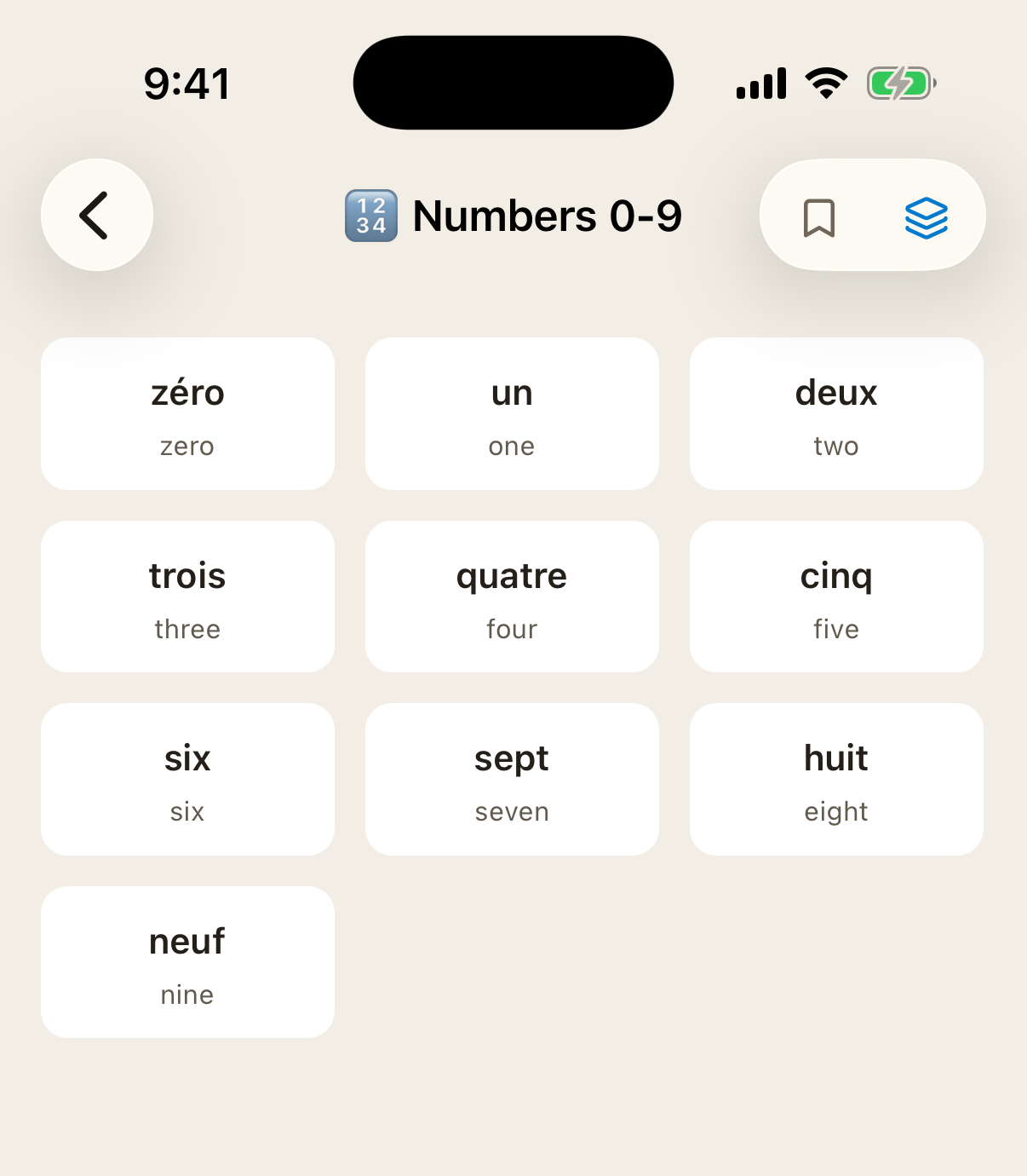Parlific's Numbers 0-9 group: a grid of word tiles from zéro to neuf, each with its English meaning.